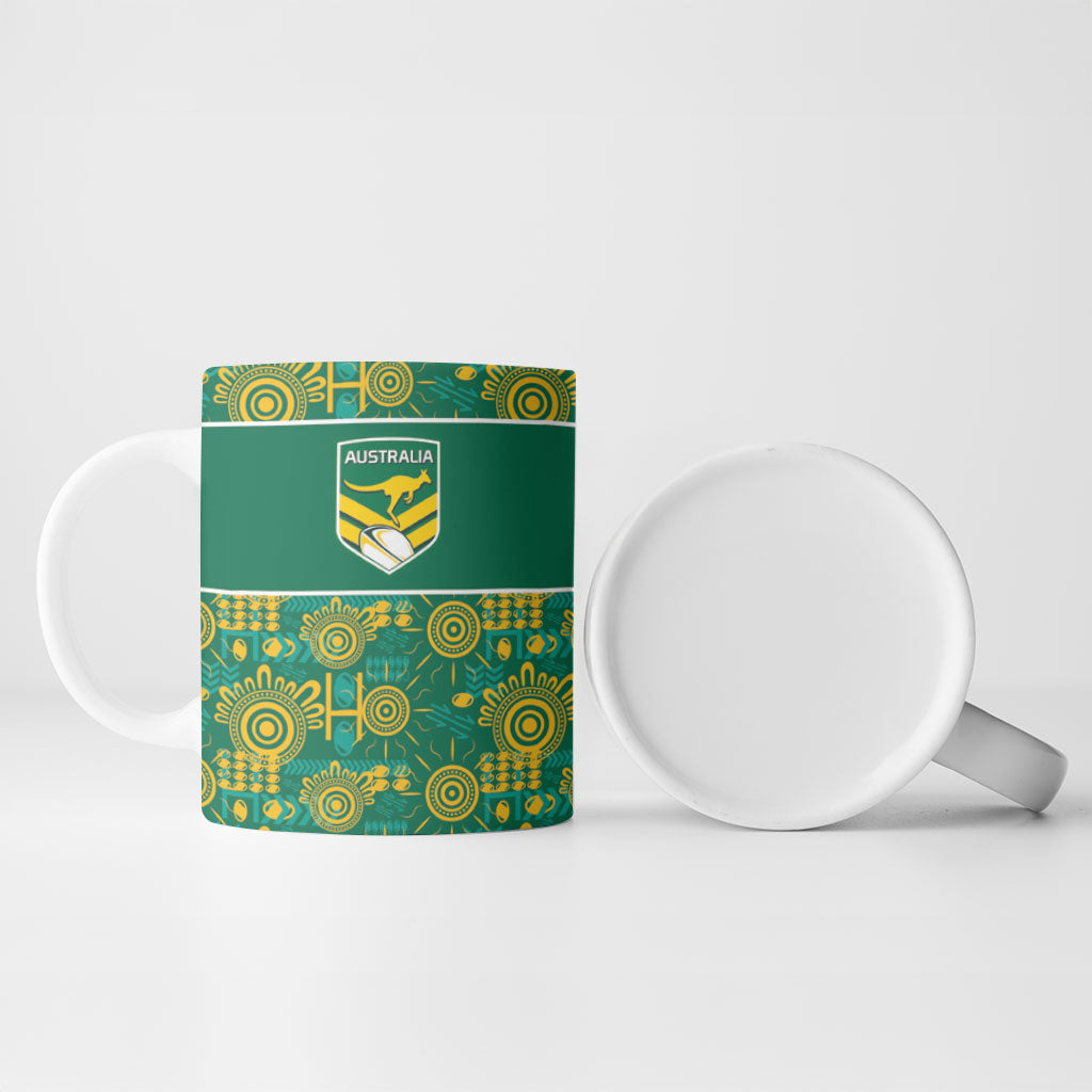 Australia Rugby Kangaroo Ceramic Mug Green Gold Aboriginal Dot Geometry