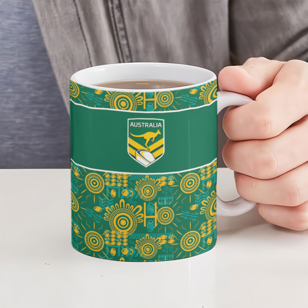 Australia Rugby Kangaroo Ceramic Mug Green Gold Aboriginal Dot Geometry