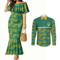 Australia Rugby Kangaroo Couples Matching Mermaid Dress and Long Sleeve Button Shirt Green Gold Aboriginal Dot Geometry