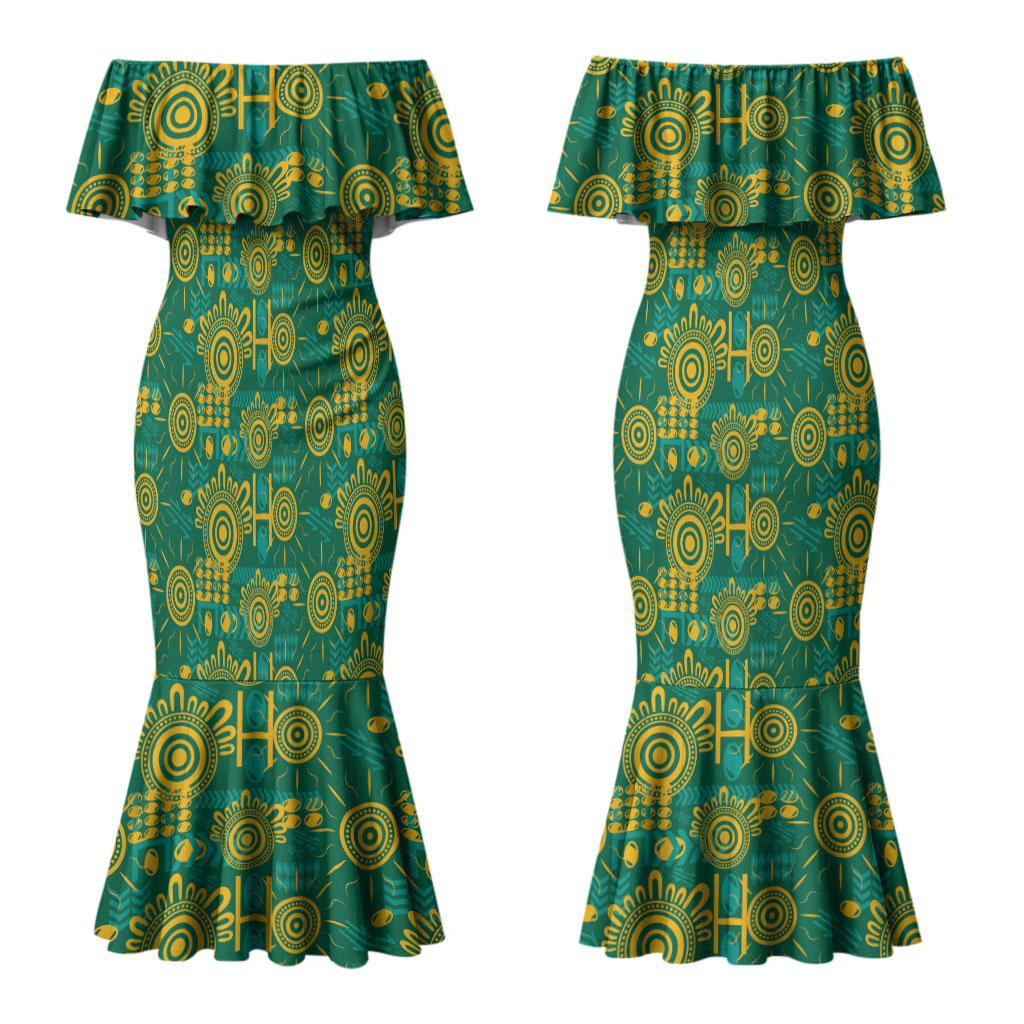 Australia Rugby Kangaroo Couples Matching Mermaid Dress and Long Sleeve Button Shirt Green Gold Aboriginal Dot Geometry