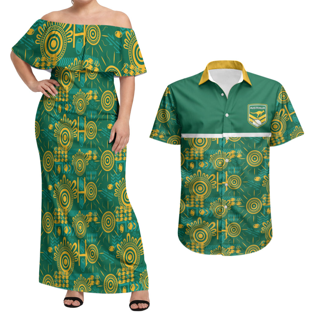 Australia Rugby Kangaroo Couples Matching Off Shoulder Maxi Dress and Hawaiian Shirt Green Gold Aboriginal Dot Geometry