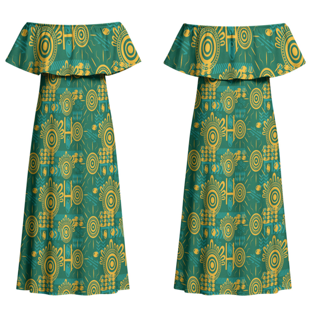 Australia Rugby Kangaroo Couples Matching Off Shoulder Maxi Dress and Hawaiian Shirt Green Gold Aboriginal Dot Geometry