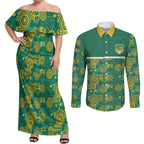 Australia Rugby Kangaroo Couples Matching Off Shoulder Maxi Dress and Long Sleeve Button Shirt Green Gold Aboriginal Dot Geometry