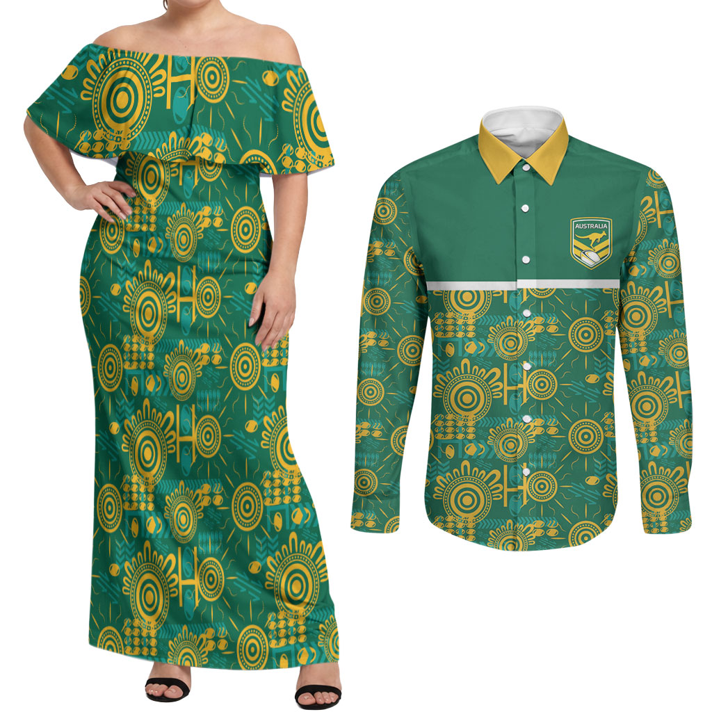 Australia Rugby Kangaroo Couples Matching Off Shoulder Maxi Dress and Long Sleeve Button Shirt Green Gold Aboriginal Dot Geometry
