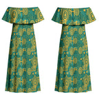 Australia Rugby Kangaroo Couples Matching Off Shoulder Maxi Dress and Long Sleeve Button Shirt Green Gold Aboriginal Dot Geometry