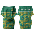 Australia Rugby Kangaroo Couples Matching Off Shoulder Short Dress and Long Sleeve Button Shirt Green Gold Aboriginal Dot Geometry