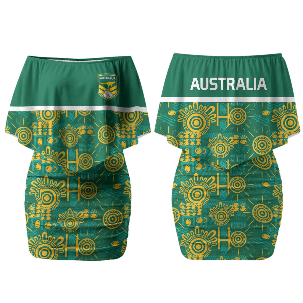 Australia Rugby Kangaroo Couples Matching Off Shoulder Short Dress and Long Sleeve Button Shirt Green Gold Aboriginal Dot Geometry