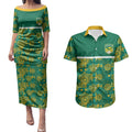 Australia Rugby Kangaroo Couples Matching Puletasi and Hawaiian Shirt Green Gold Aboriginal Dot Geometry
