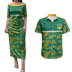Australia Rugby Kangaroo Couples Matching Puletasi and Hawaiian Shirt Green Gold Aboriginal Dot Geometry