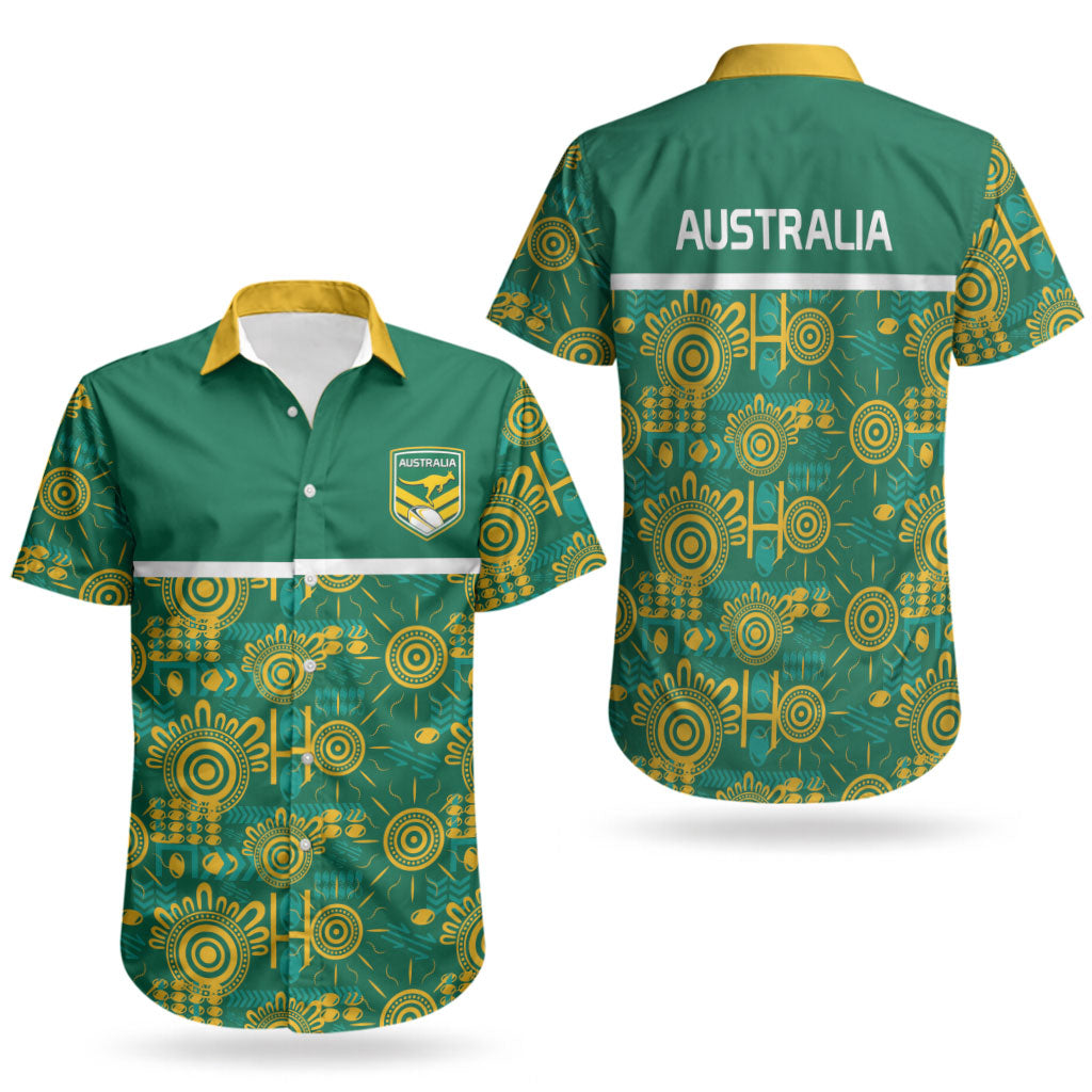 Australia Rugby Kangaroo Couples Matching Puletasi and Hawaiian Shirt Green Gold Aboriginal Dot Geometry