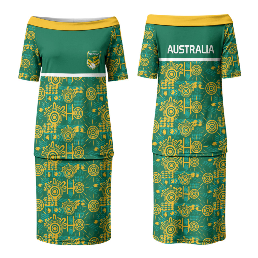 Australia Rugby Kangaroo Couples Matching Puletasi and Hawaiian Shirt Green Gold Aboriginal Dot Geometry