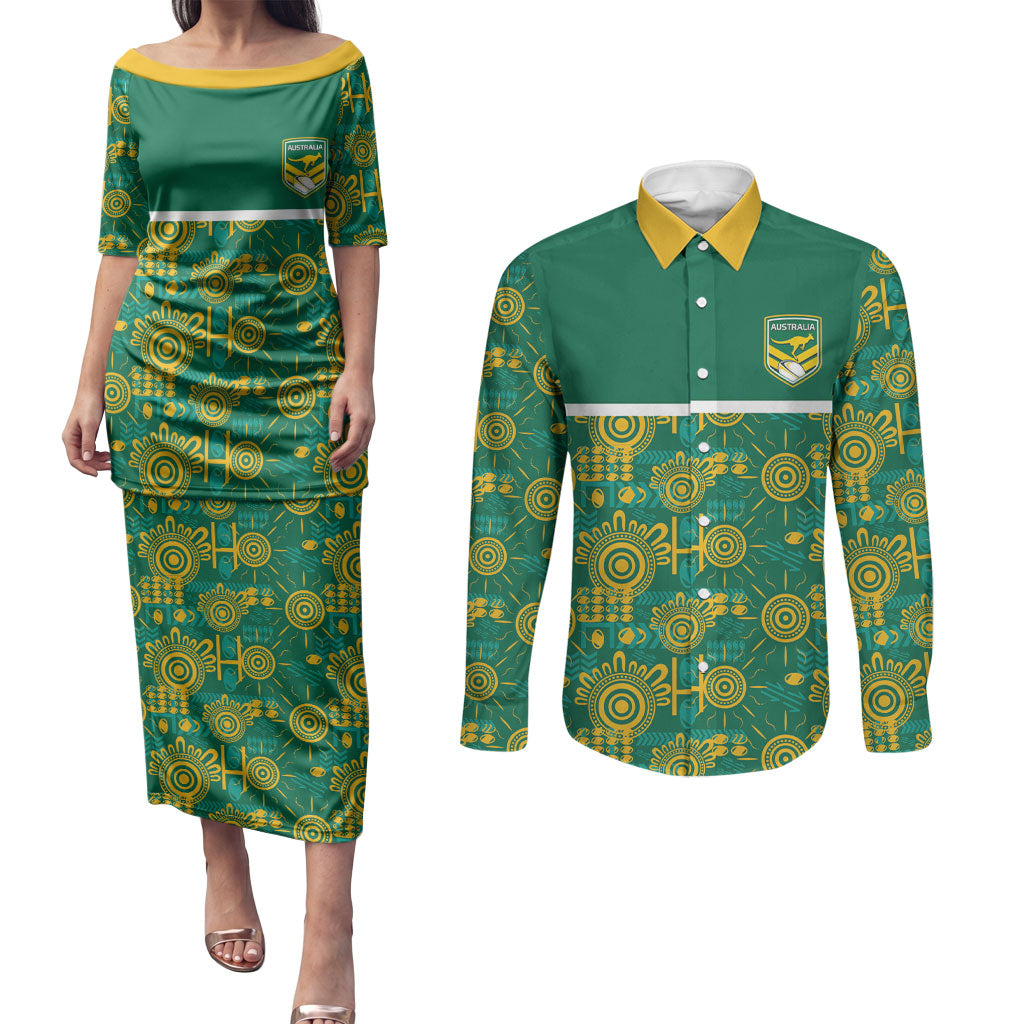 Australia Rugby Kangaroo Couples Matching Puletasi and Long Sleeve Button Shirt Green Gold Aboriginal Dot Geometry
