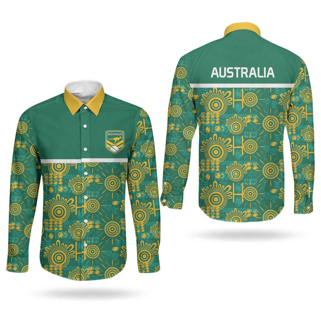 Australia Rugby Kangaroo Couples Matching Puletasi and Long Sleeve Button Shirt Green Gold Aboriginal Dot Geometry