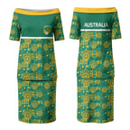 Australia Rugby Kangaroo Couples Matching Puletasi and Long Sleeve Button Shirt Green Gold Aboriginal Dot Geometry