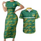 Australia Rugby Kangaroo Couples Matching Short Sleeve Bodycon Dress and Hawaiian Shirt Green Gold Aboriginal Dot Geometry