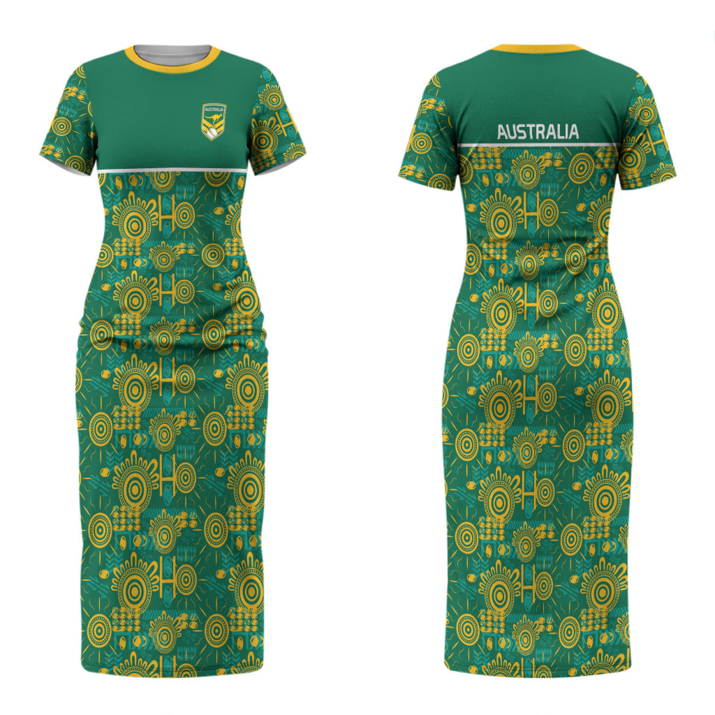 Australia Rugby Kangaroo Couples Matching Short Sleeve Bodycon Dress and Hawaiian Shirt Green Gold Aboriginal Dot Geometry