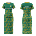 Australia Rugby Kangaroo Couples Matching Short Sleeve Bodycon Dress and Hawaiian Shirt Green Gold Aboriginal Dot Geometry