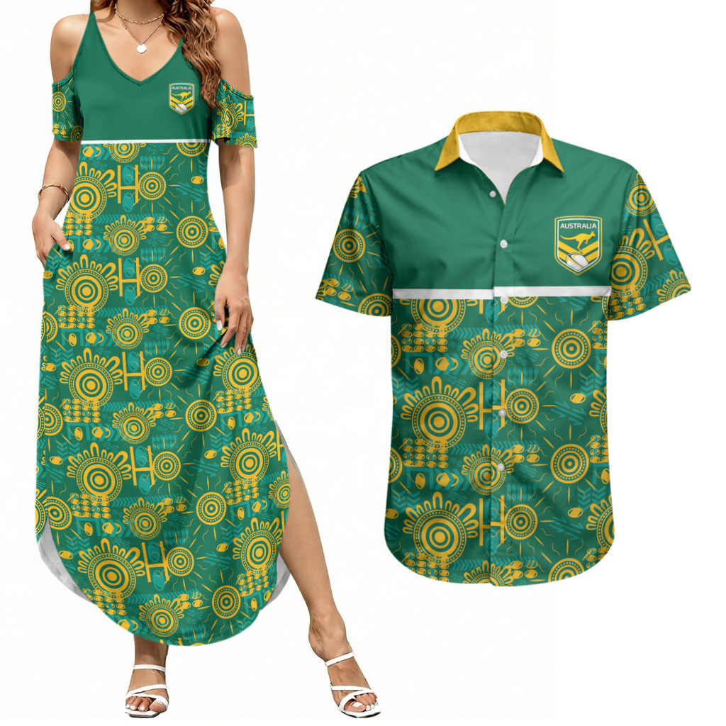 Australia Rugby Kangaroo Couples Matching Summer Maxi Dress and Hawaiian Shirt Green Gold Aboriginal Dot Geometry