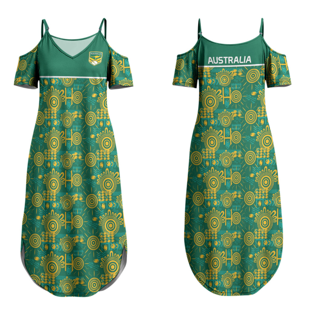 Australia Rugby Kangaroo Couples Matching Summer Maxi Dress and Long Sleeve Button Shirt Green Gold Aboriginal Dot Geometry