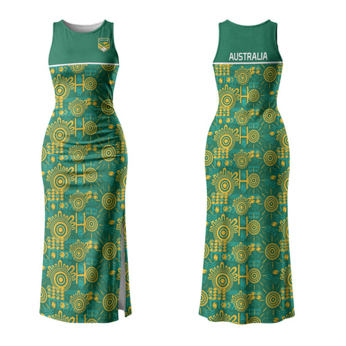 Australia Rugby Kangaroo Couples Matching Tank Maxi Dress and Long Sleeve Button Shirt Green Gold Aboriginal Dot Geometry