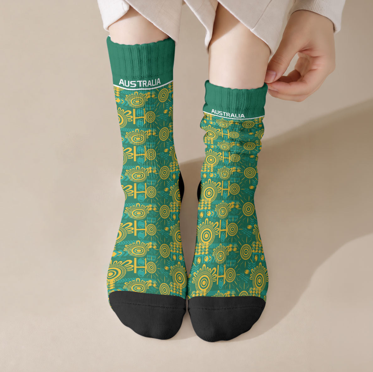Australia Rugby Kangaroo Crew Socks Green Gold Aboriginal Dot Geometry