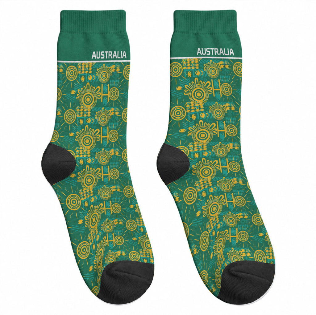 Australia Rugby Kangaroo Crew Socks Green Gold Aboriginal Dot Geometry