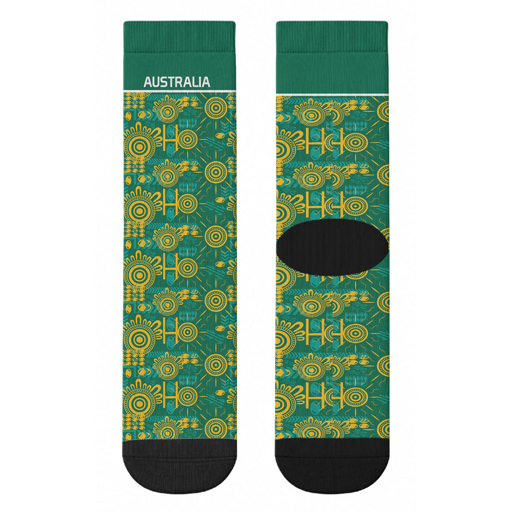 Australia Rugby Kangaroo Crew Socks Green Gold Aboriginal Dot Geometry