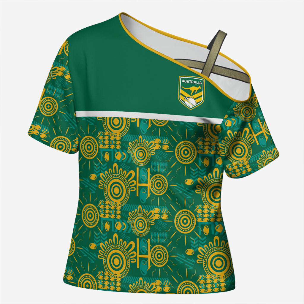 Australia Rugby Kangaroo Cross Shoulder Shirt Green Gold Aboriginal Dot Geometry