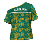 Australia Rugby Kangaroo Cross Shoulder Shirt Green Gold Aboriginal Dot Geometry