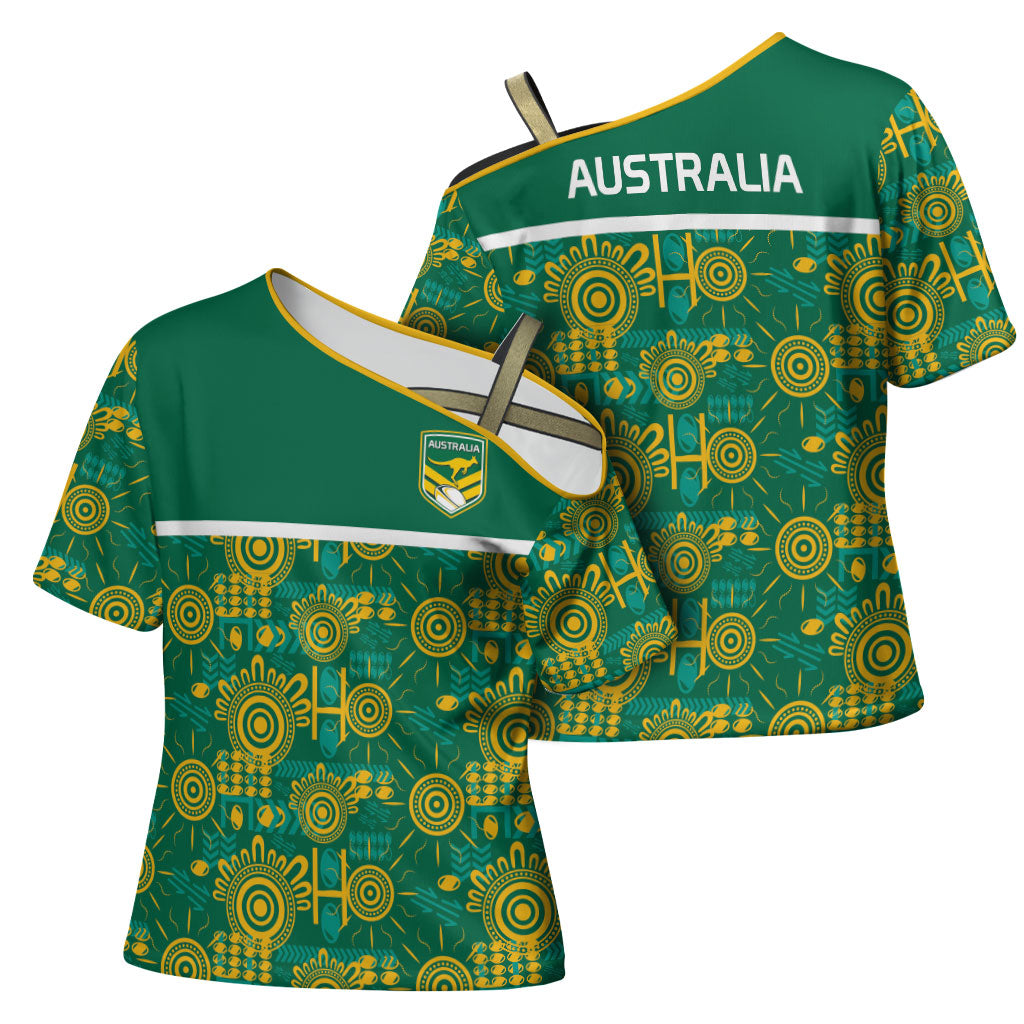 Australia Rugby Kangaroo Cross Shoulder Shirt Green Gold Aboriginal Dot Geometry