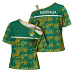 Australia Rugby Kangaroo Cross Shoulder Shirt Green Gold Aboriginal Dot Geometry