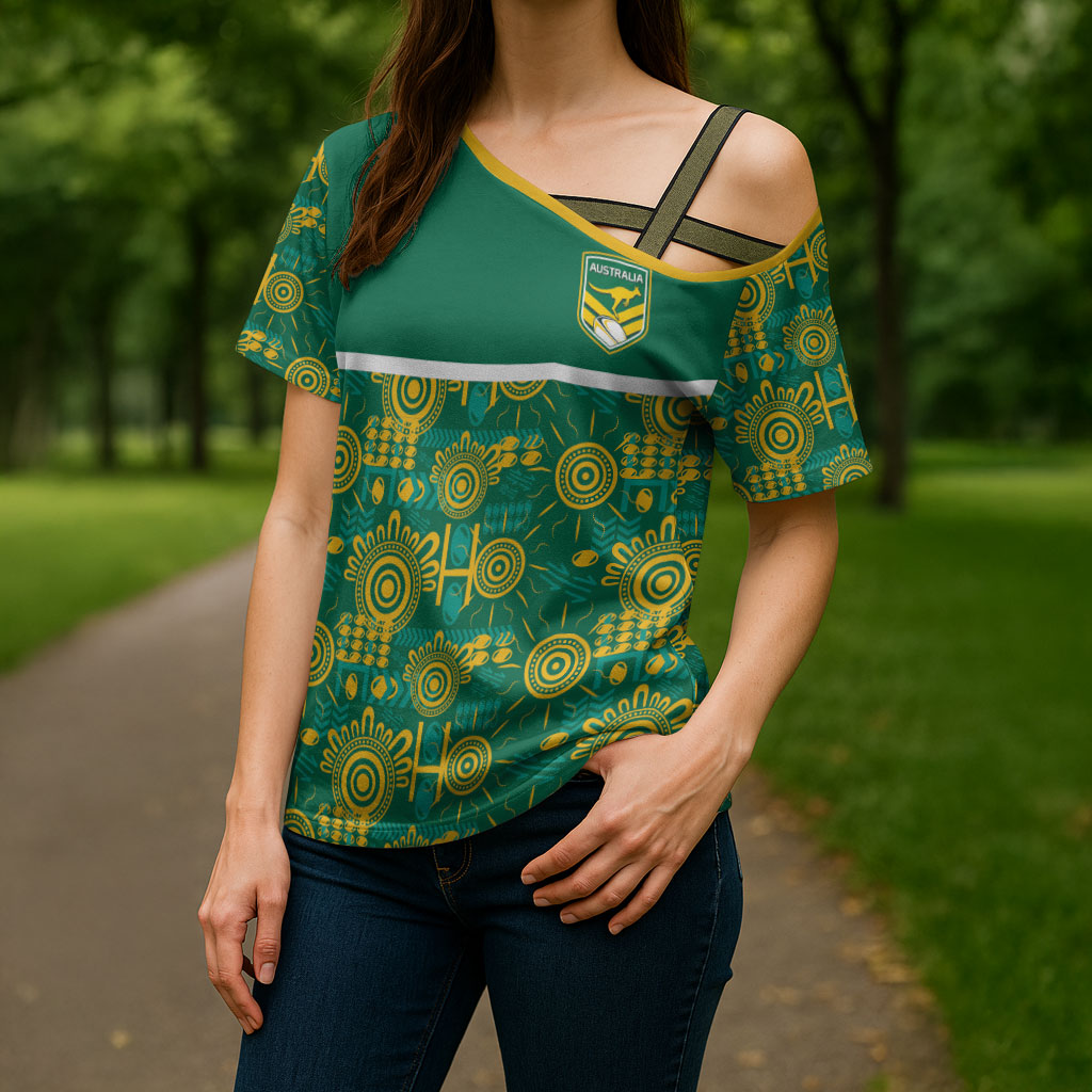 Australia Rugby Kangaroo Cross Shoulder Shirt Green Gold Aboriginal Dot Geometry