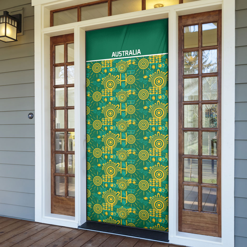 Australia Rugby Kangaroo Door Cover Green Gold Aboriginal Dot Geometry