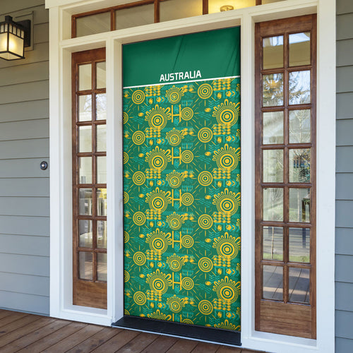 Australia Rugby Kangaroo Door Cover Green Gold Aboriginal Dot Geometry