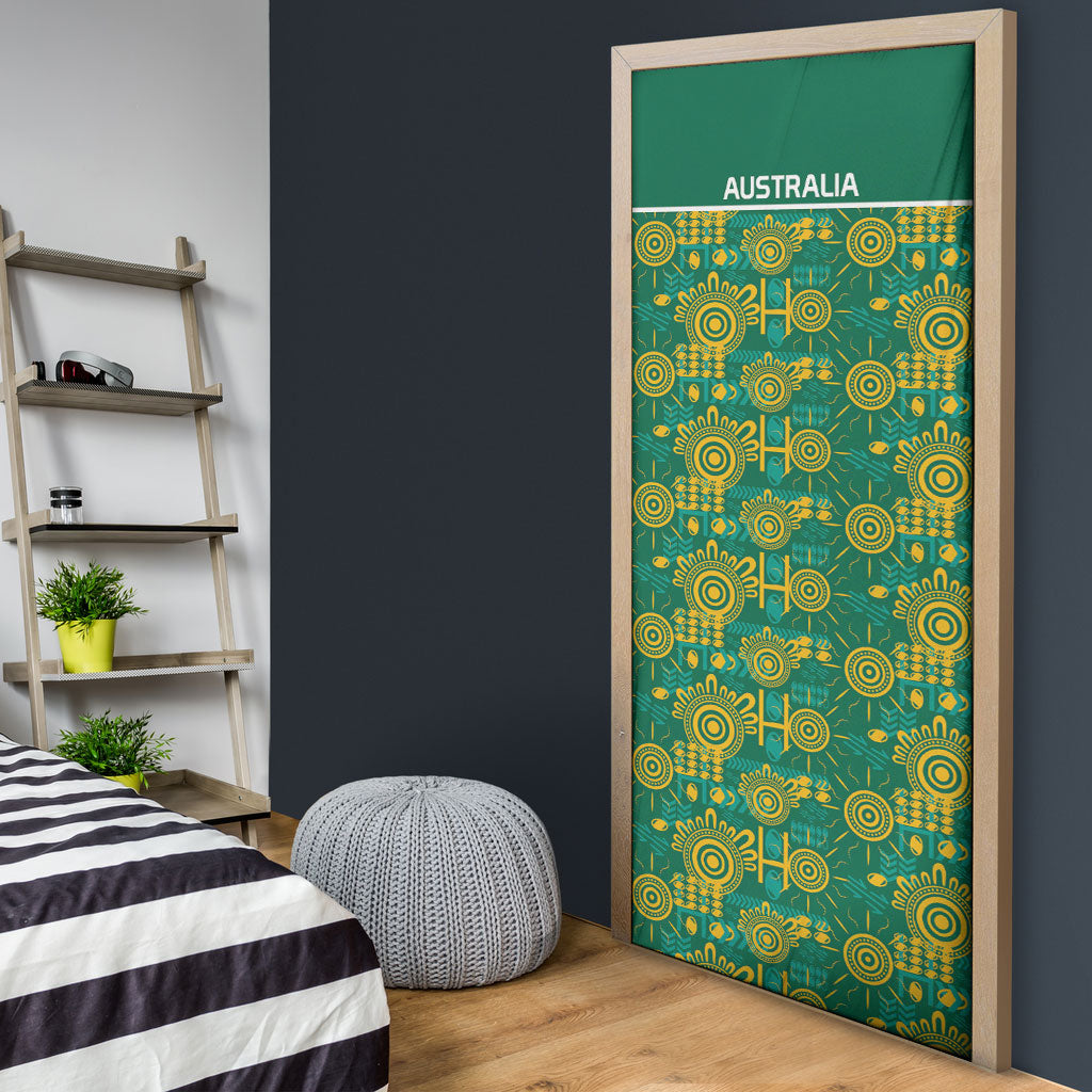 Australia Rugby Kangaroo Door Cover Green Gold Aboriginal Dot Geometry