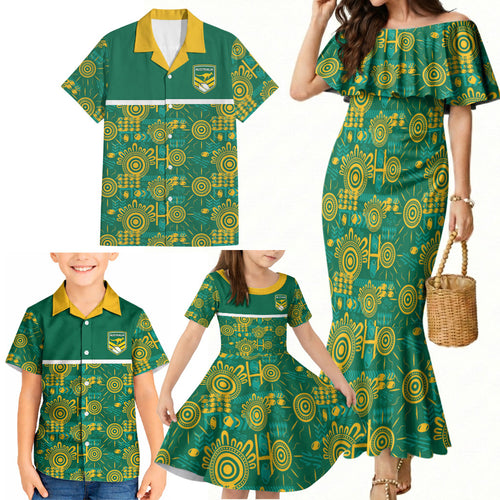 Australia Rugby Kangaroo Family Matching Mermaid Dress and Hawaiian Shirt Green Gold Aboriginal Dot Geometry