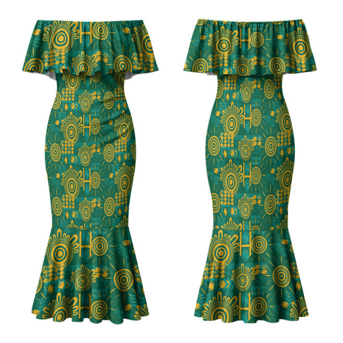 Australia Rugby Kangaroo Family Matching Mermaid Dress and Hawaiian Shirt Green Gold Aboriginal Dot Geometry