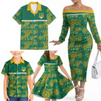 Australia Rugby Kangaroo Family Matching Off The Shoulder Long Sleeve Dress and Hawaiian Shirt Green Gold Aboriginal Dot Geometry