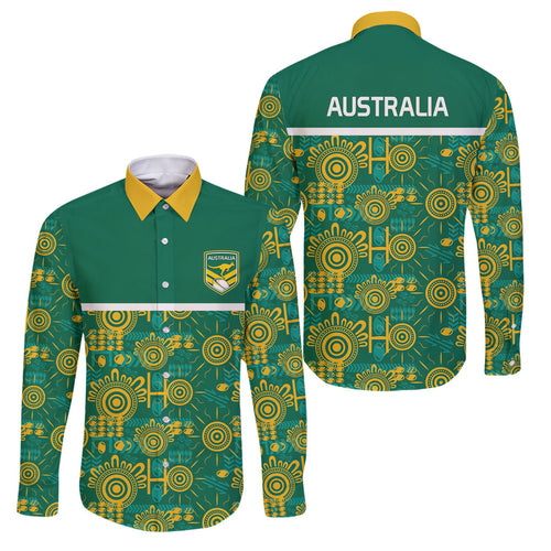 Australia Rugby Kangaroo Family Matching Off The Shoulder Long Sleeve Dress and Hawaiian Shirt Green Gold Aboriginal Dot Geometry