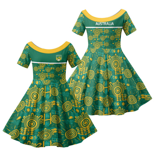 Australia Rugby Kangaroo Family Matching Off The Shoulder Long Sleeve Dress and Hawaiian Shirt Green Gold Aboriginal Dot Geometry