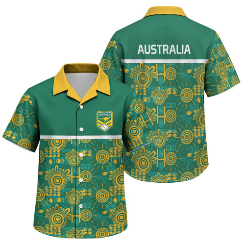 Australia Rugby Kangaroo Family Matching Off The Shoulder Long Sleeve Dress and Hawaiian Shirt Green Gold Aboriginal Dot Geometry