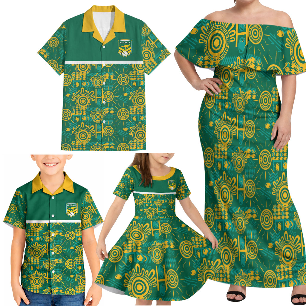 Australia Rugby Kangaroo Family Matching Off Shoulder Maxi Dress and Hawaiian Shirt Green Gold Aboriginal Dot Geometry