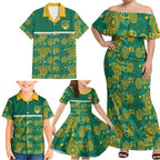Australia Rugby Kangaroo Family Matching Off Shoulder Maxi Dress and Hawaiian Shirt Green Gold Aboriginal Dot Geometry