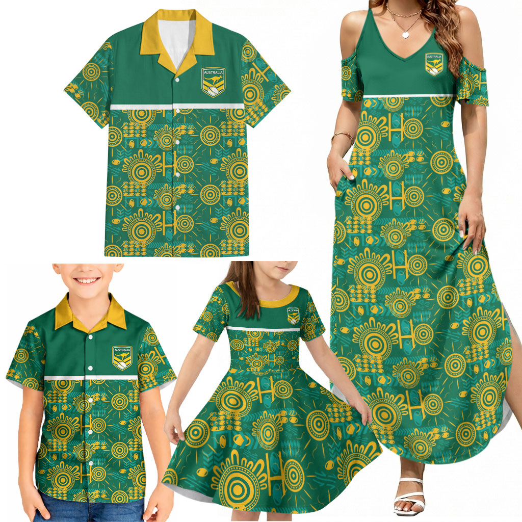 Australia Rugby Kangaroo Family Matching Summer Maxi Dress and Hawaiian Shirt Green Gold Aboriginal Dot Geometry