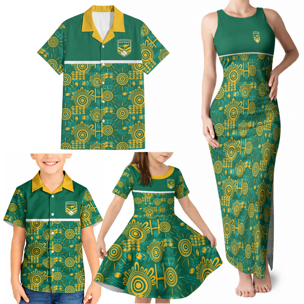 Australia Rugby Kangaroo Family Matching Tank Maxi Dress and Hawaiian Shirt Green Gold Aboriginal Dot Geometry