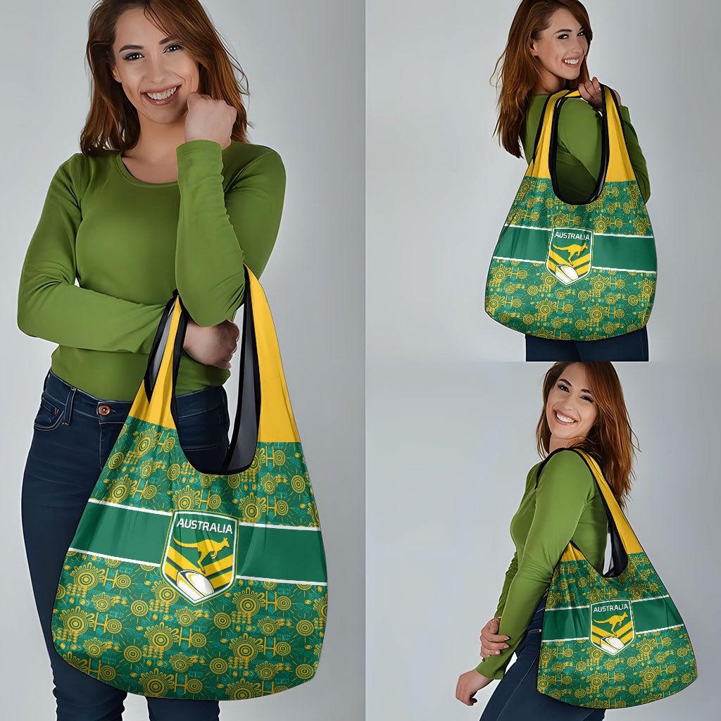 Australia Rugby Kangaroo Grocery Bag Green Gold Aboriginal Dot Geometry