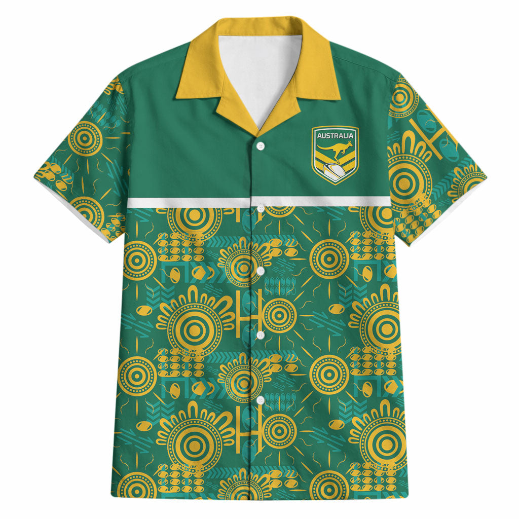 Australia Rugby Kangaroo Hawaiian Shirt Green Gold Aboriginal Dot Geometry