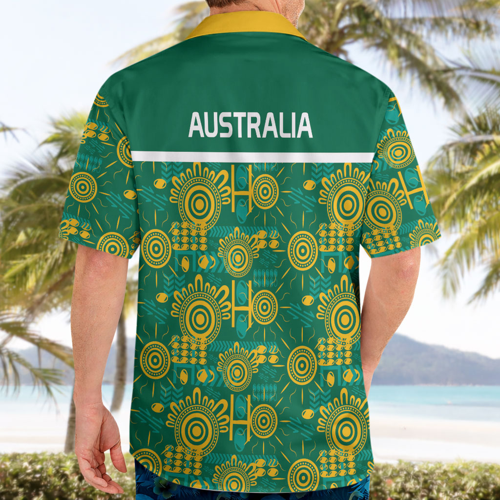 Australia Rugby Kangaroo Hawaiian Shirt Green Gold Aboriginal Dot Geometry