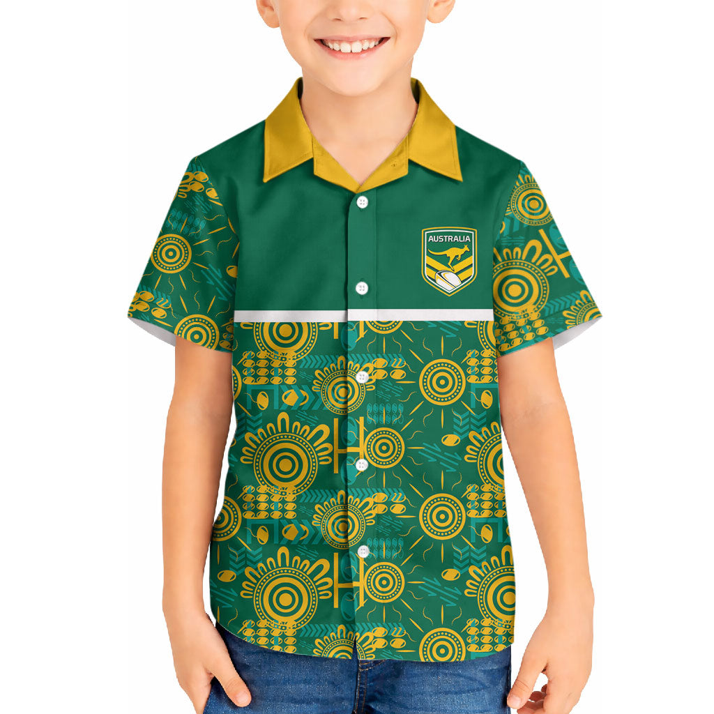 Australia Rugby Kangaroo Hawaiian Shirt Green Gold Aboriginal Dot Geometry