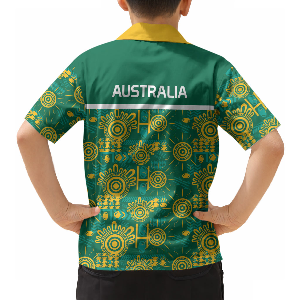 Australia Rugby Kangaroo Hawaiian Shirt Green Gold Aboriginal Dot Geometry